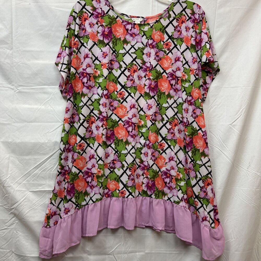 EST 1946 Womens XL Tunic Top Floral Lattice Ruffle Sharkbite Hem Boho Stretch